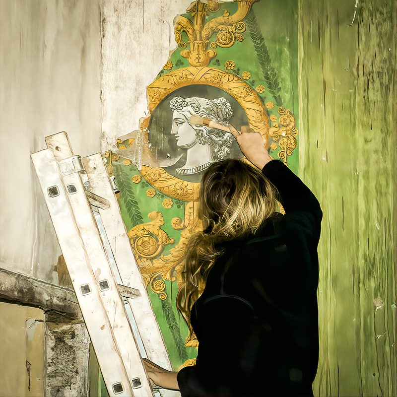 An artisan on a ladder restoring a painted medallion
